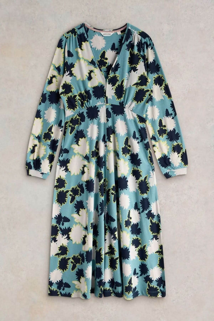 Robe mi-longue Megan en jersey avec col en V, manches courtes, motifs floraux sur fond bleu, idéale pour toutes occasions.