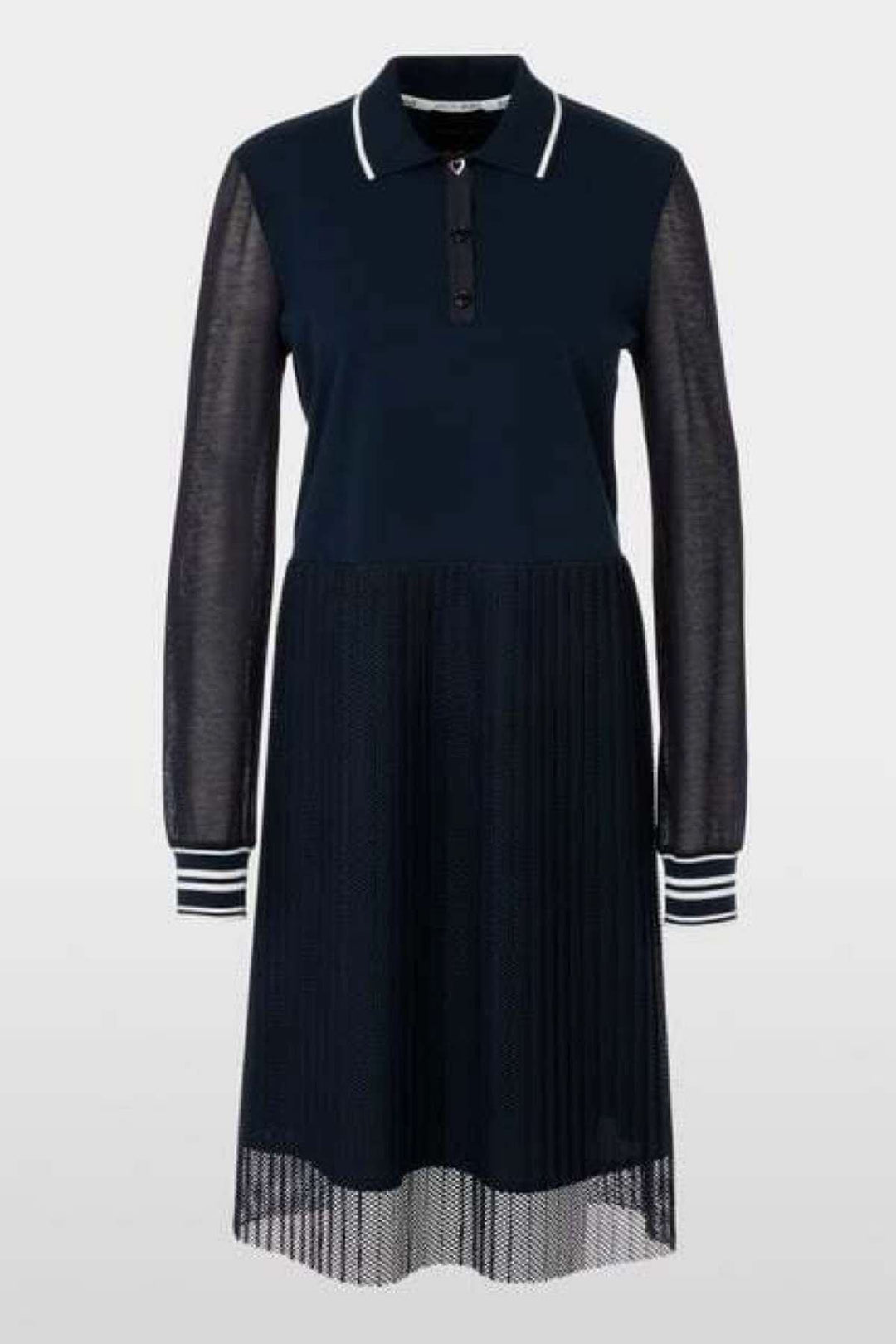 Robe midi avec manches transparentes, col polo, jupe plissée en résille, style moderne et sophistiqué.