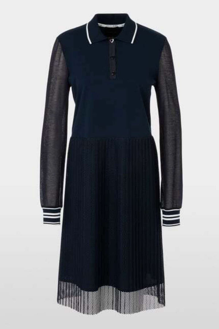 Robe midi avec manches transparentes, col polo, jupe plissée en résille, style moderne et sophistiqué.