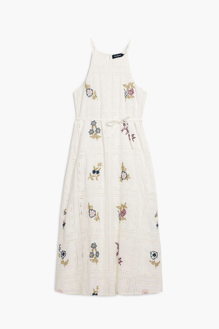 Robe midi à broderies délicates avec encolure dégagée et taille ceinturée, parfaite pour l&