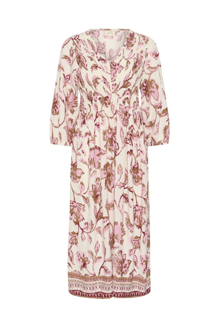 Robe midi fluide à imprimé floral avec manches trois-quarts et encolure en V pour une silhouette élégante et confortable.