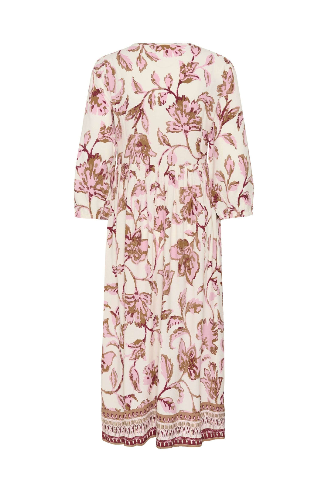 Robe midi fluide à imprimé floral avec encolure en V et manches trois-quarts, idéale pour des occasions féminines et élégantes.