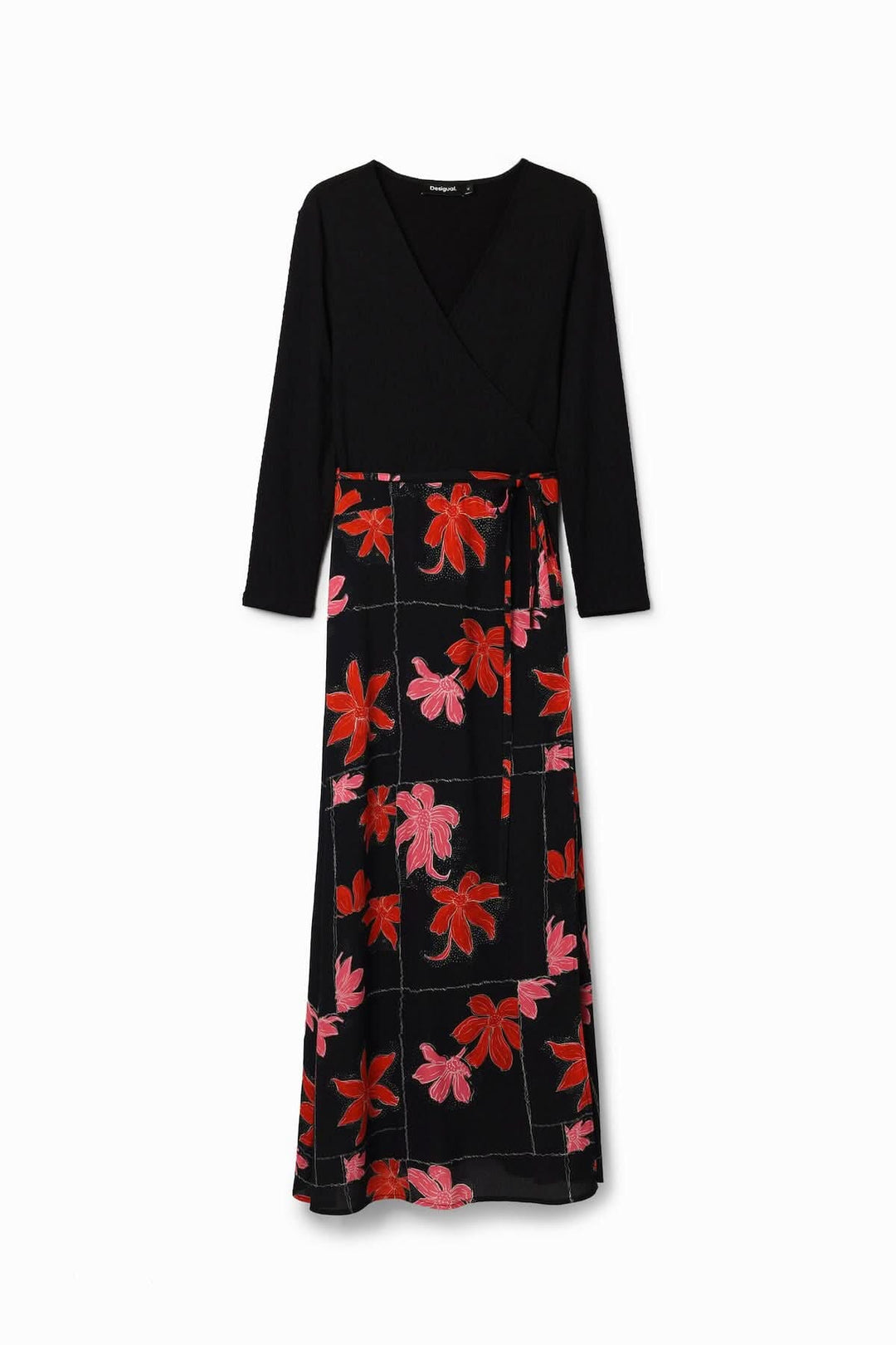 Robe midi portefeuille fleurie à manches longues, col V et cordon de taille, imprimé floral coloré.