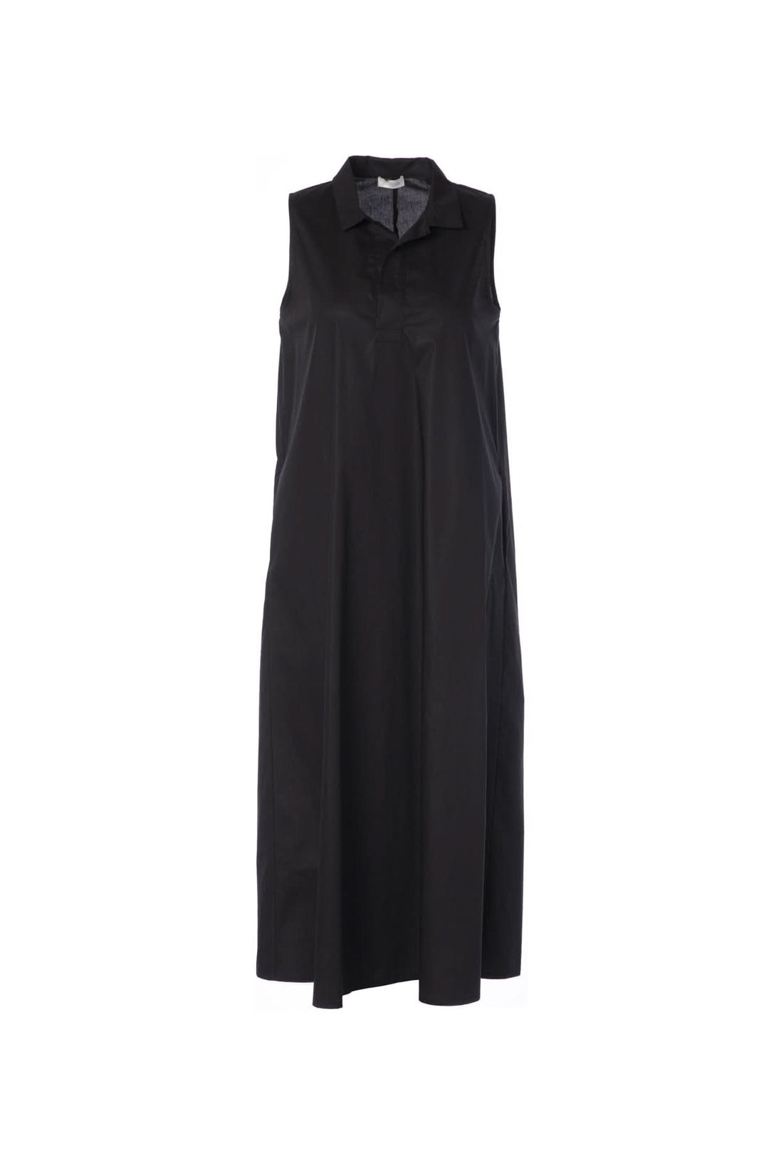 Robe midi sans manches à col chemise noire, silhouette fluide et minimaliste, style élégant et moderne idéal pour l'été.