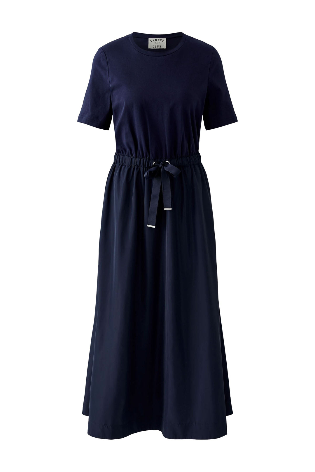 Robe midi à taille ajustable en style minimaliste contemporain avec manches courtes et jupe fluide pour une allure élégante.