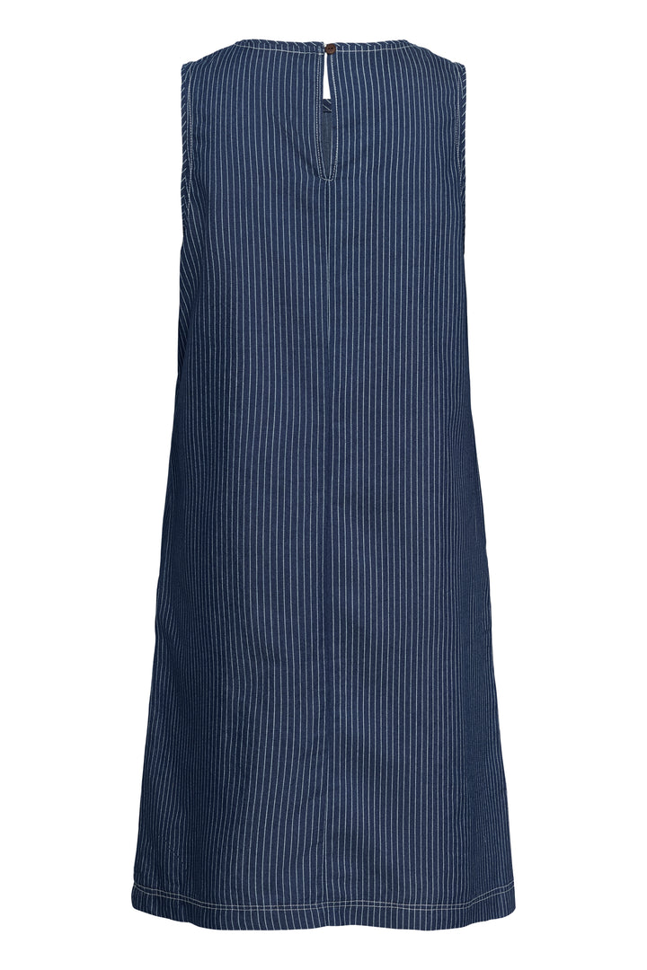 Robe sans manches Agate à fines rayures bleues avec une coupe droite, vue de dos, idéale pour un look décontracté et moderne.