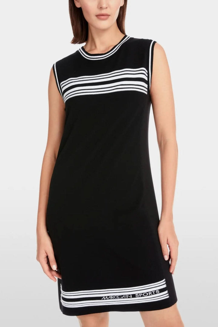 Sleeveless A-line dress with striped details, made sustainably in Germany, perfect for stylish casual wear.