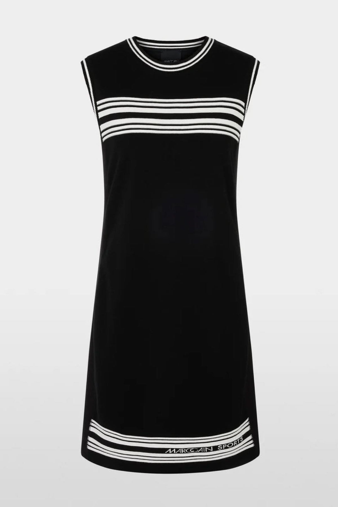 Robe sans manches en A, en jersey noir avec rayures blanches, durable et fabriquée en Allemagne.