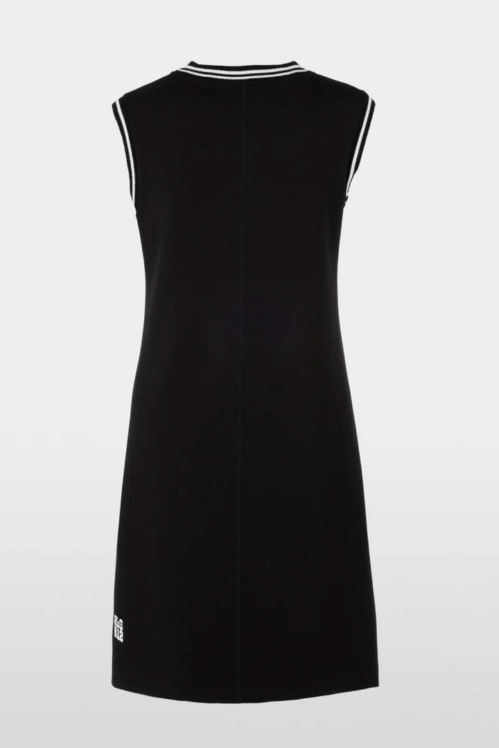 Black sleeveless A-line dress with striped borders and Rethink Together sustainability label.