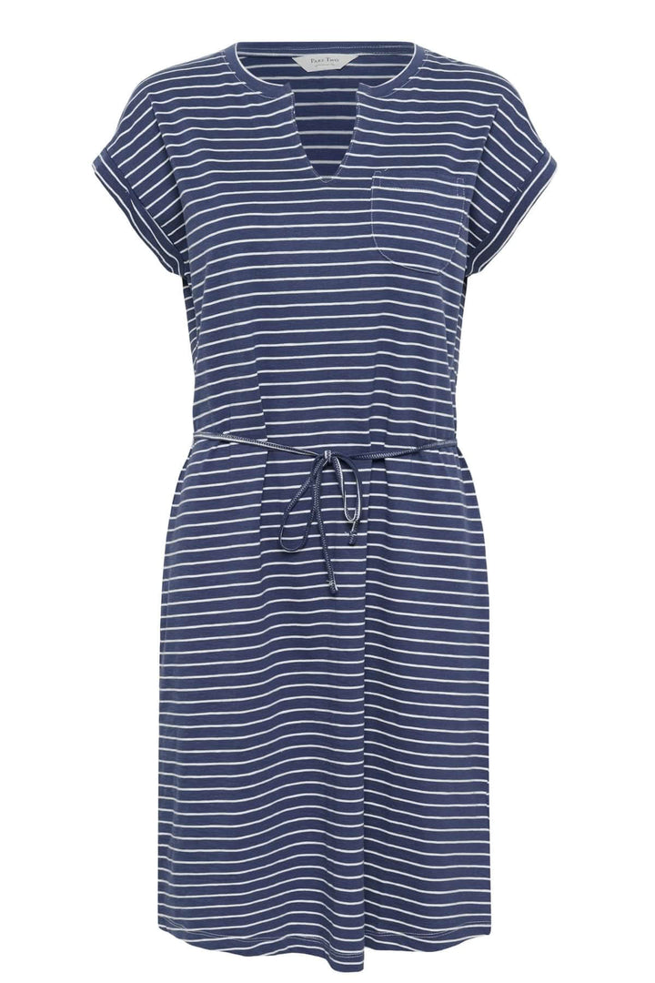 Robe Mabels en coton à rayures bleu avec encolure fendue, ceinture à la taille et manches courtes, parfaite pour l'été.