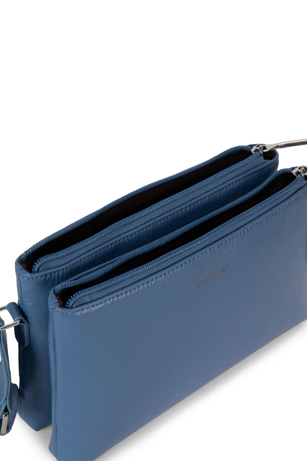 Sac à mains Indie bleu, vue des deux compartiments zippés et bretelle ajustable.