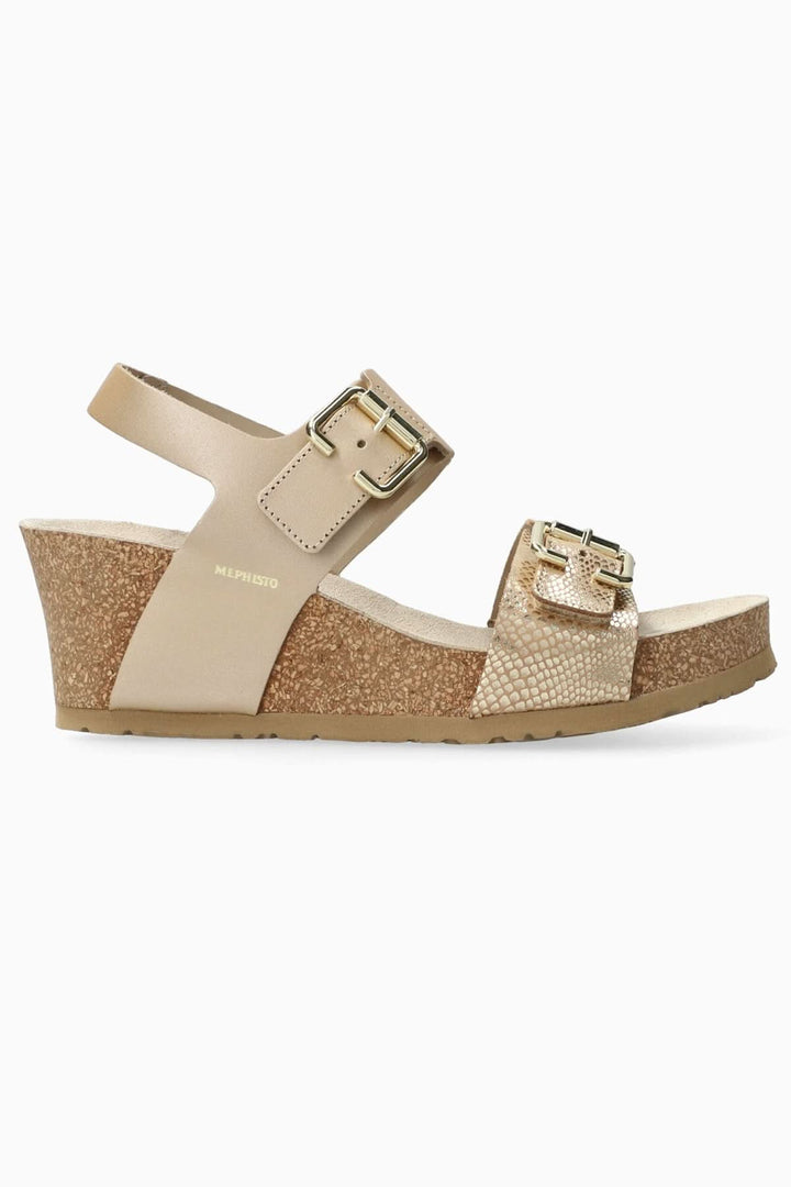 Sandale Lissandra en cuir beige avec semelle en liège et brides ajustables, offrant confort et élégance pour un style estival.