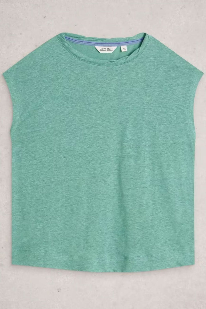 T-Shirt en lin Rowan ample sans manches avec encolure ronde, design minimaliste, couleur verte.