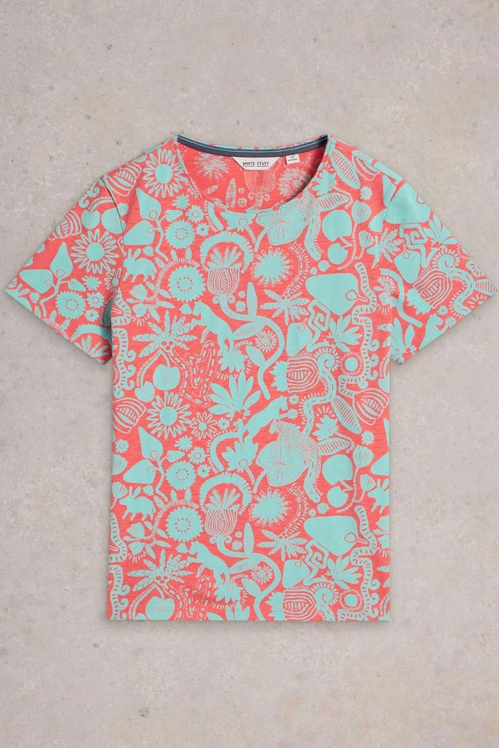 T-shirt Abbie avec imprimé botanique coloré sur fond corail, coupe droite et confortable, parfait pour l'été.