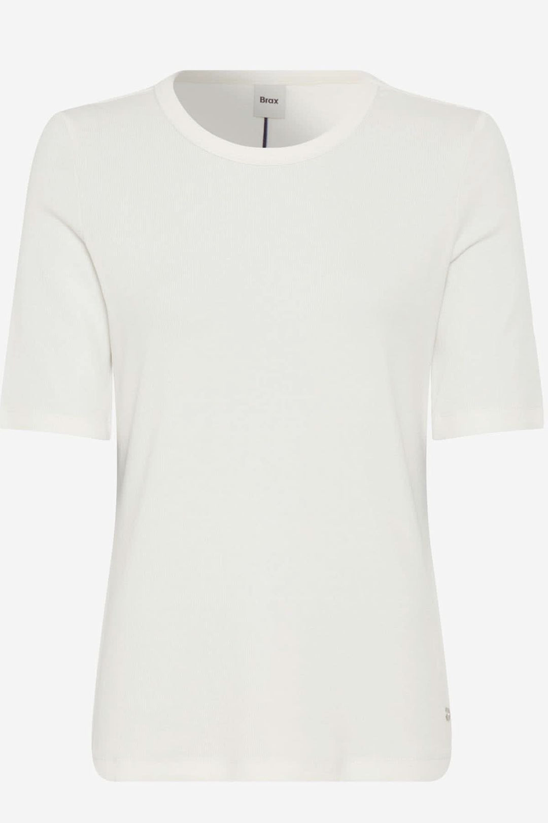 T-shirt Carina blanc, col rond, manches mi-longues, coupe ajustée, mélange de coton haut de gamme.