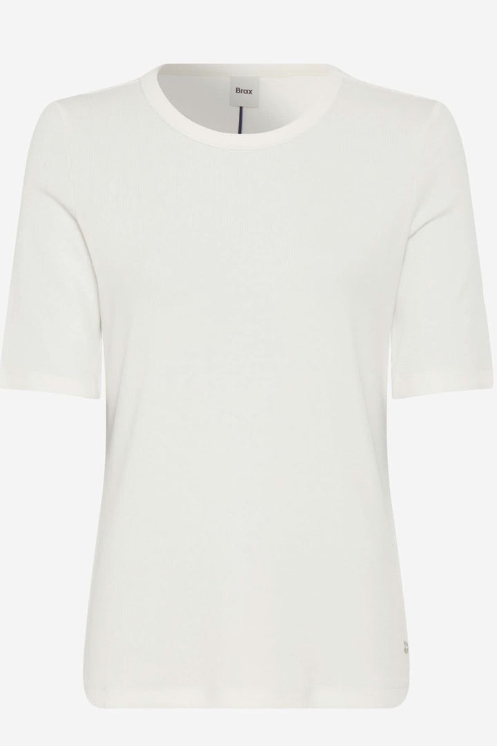 T-shirt Carina blanc, col rond, manches mi-longues, coupe ajustée, mélange de coton haut de gamme.