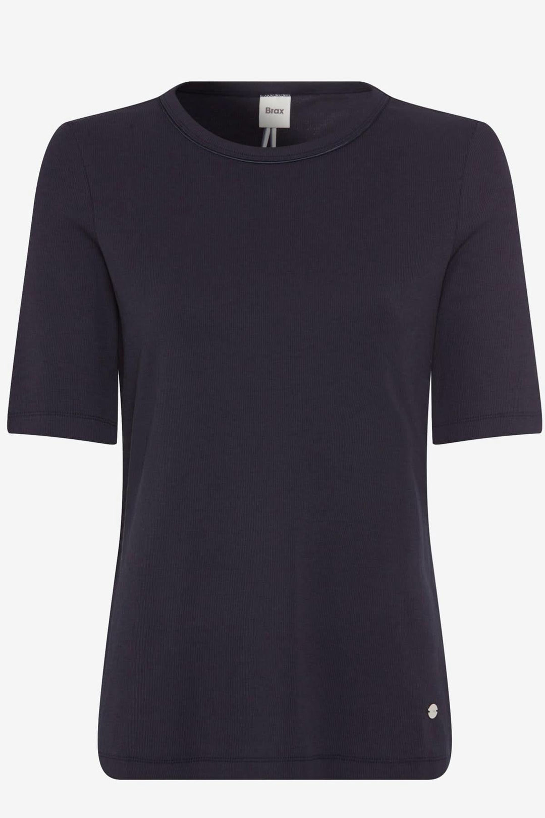 T-shirt Carina en coton, col rond, manches mi-longues, coupe ajustée, couleur navy pour un style élégant.