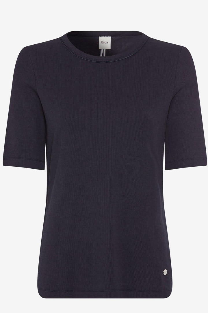 T-shirt Carina en coton, col rond, manches mi-longues, coupe ajustée, couleur navy pour un style élégant.