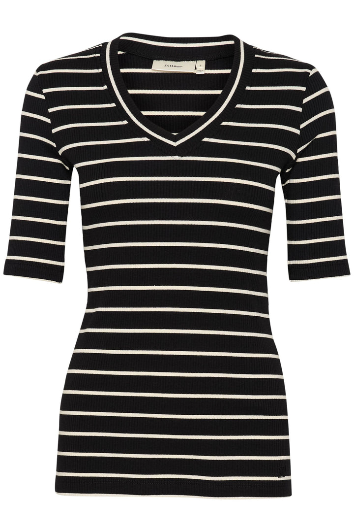 T-shirt Dagna à rayures noires et blanches, coupe ajustée avec manches 1/2 et encolure en V.