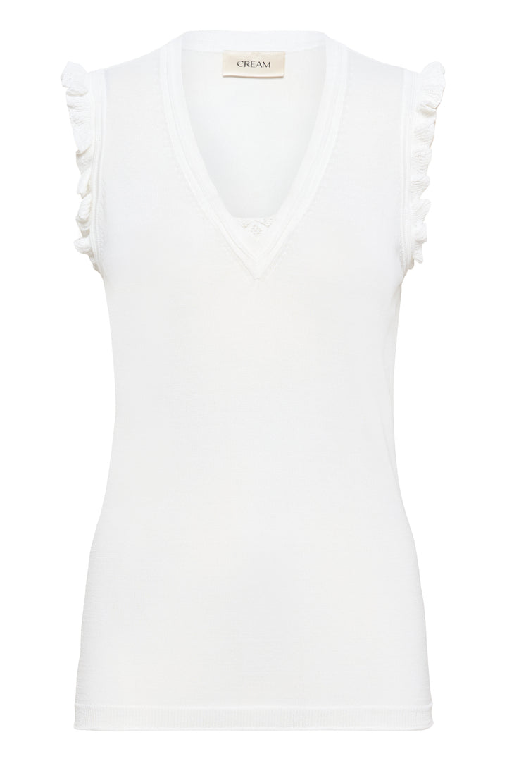 T-shirt Desten blanc sans manches avec encolure en V et détails volantés pour look féminin et léger. Idéal avec jean ou pantalon habillé.
