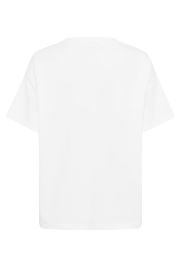 T-shirt Helen blanc avec coupe ajustée et col rond, manches courtes. Confortable et polyvalent pour un style minimaliste ou superposé.