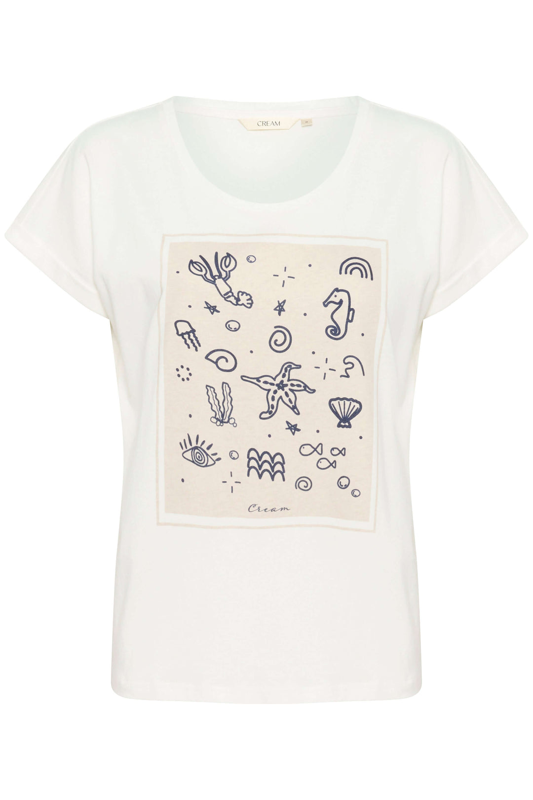 T-shirt Juka en coton blanc avec imprimé graphique marin, coupe décontractée et manches courtes retournées.
