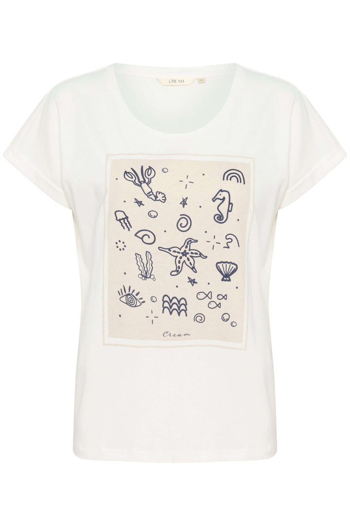 T-shirt Juka en coton blanc avec imprimé graphique marin, coupe décontractée et manches courtes retournées.