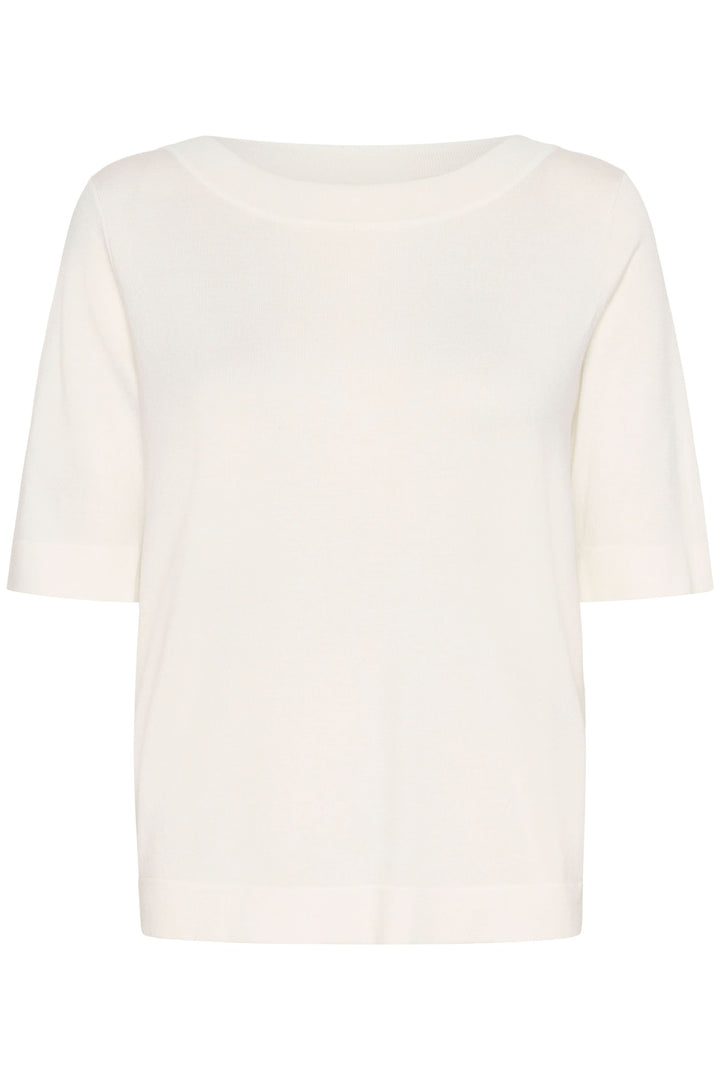 T-shirt Lizza élégant avec manches mi-longues, en maille fine couleur blanc cassé, coupe droite et encolure ronde.
