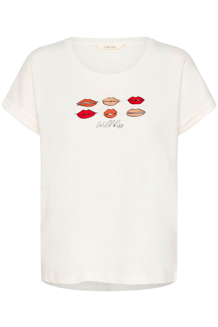 T-shirt Lumilla blanc avec imprimé graphique de lèvres colorées, design féminin et casual, coupe droite confortable.