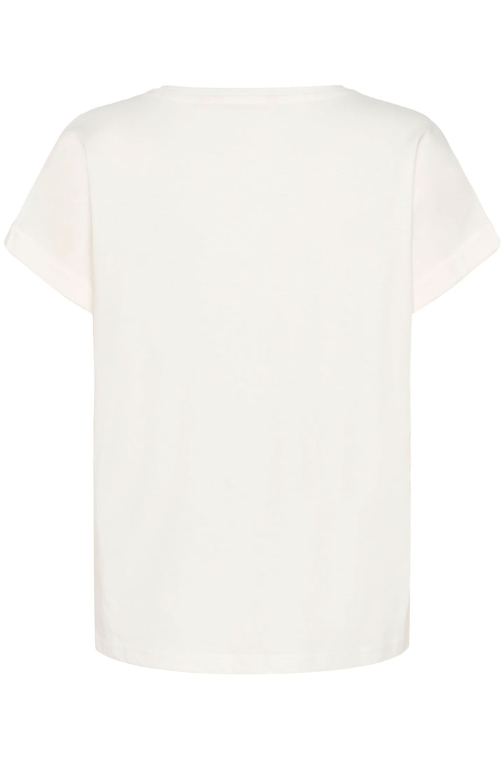 Vue arrière du T-shirt Lumilla blanc avec coupe droite et encolure arrondie, idéal pour un look casual et féminin. Imprimé graphique non visible.