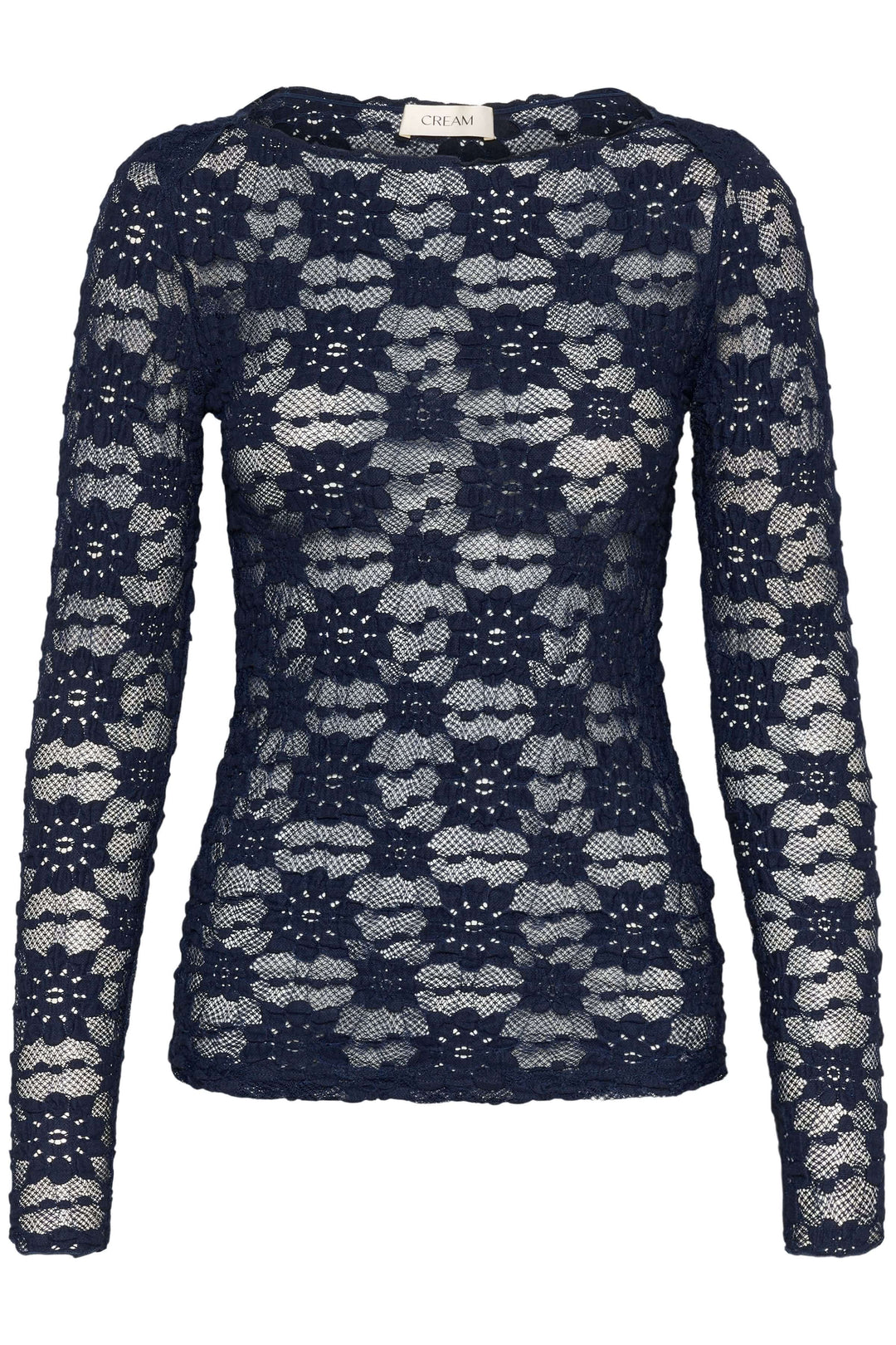 T-shirt Maddie en dentelle avec manches longues et coupe ajustée, idéal pour un look sophistiqué et féminin.