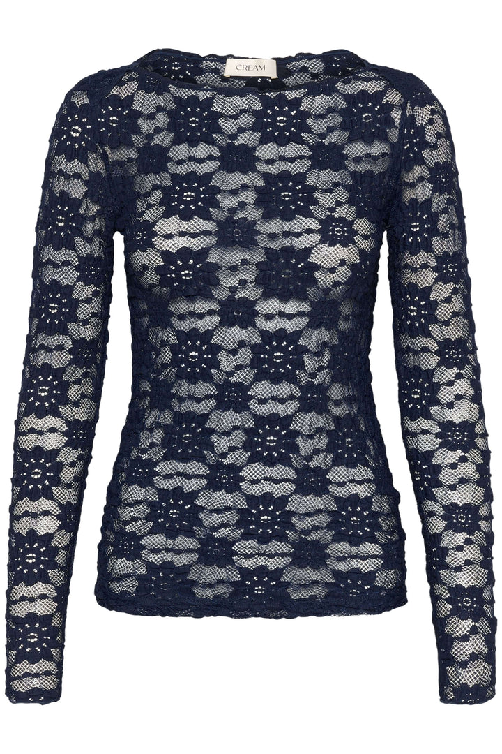 T-shirt Maddie en dentelle avec manches longues et coupe ajustée, idéal pour un look sophistiqué et féminin.