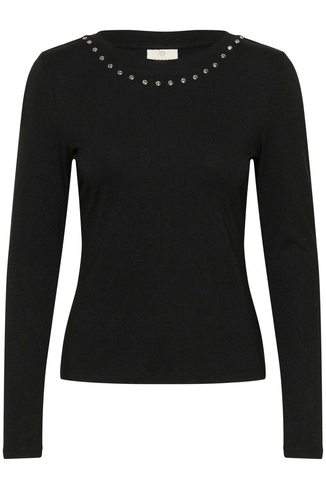 T-shirt Marty à manches longues noires avec détails décoratifs à l’encolure, coupe ajustée féminine.