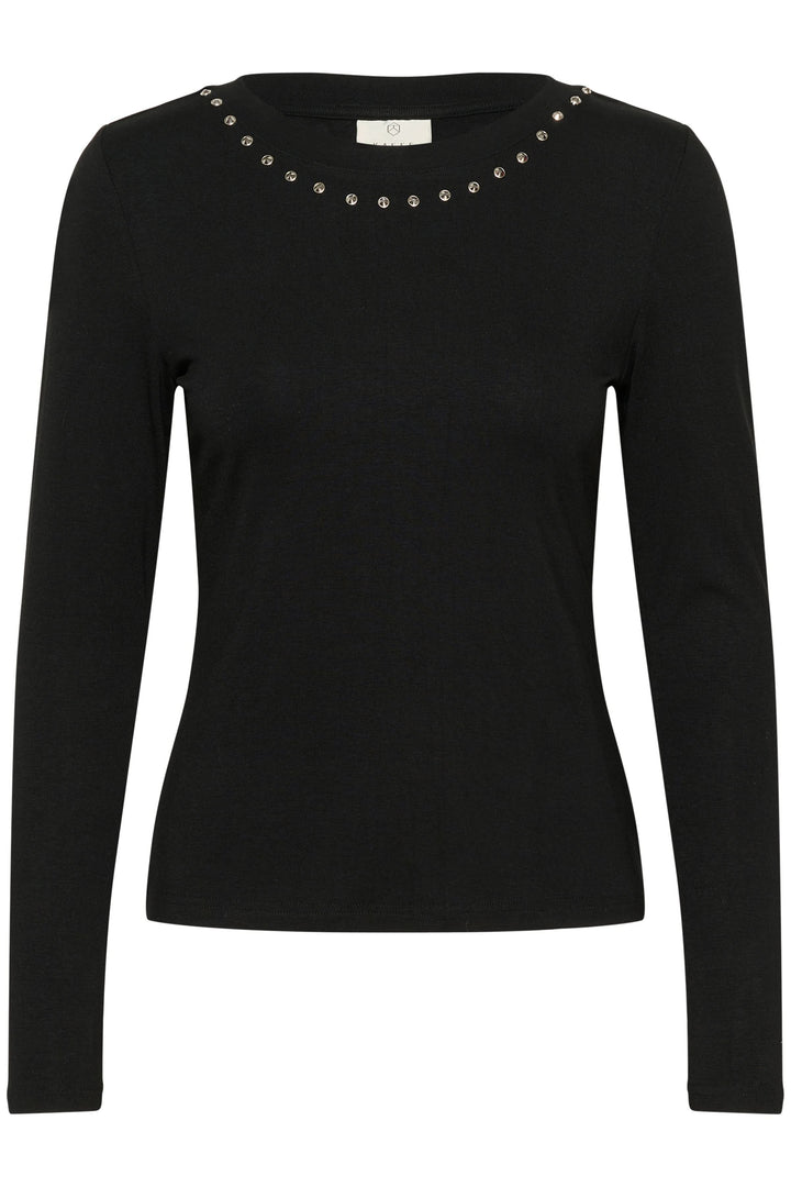 T-shirt Marty à manches longues noires avec détails décoratifs à l’encolure, coupe ajustée féminine.