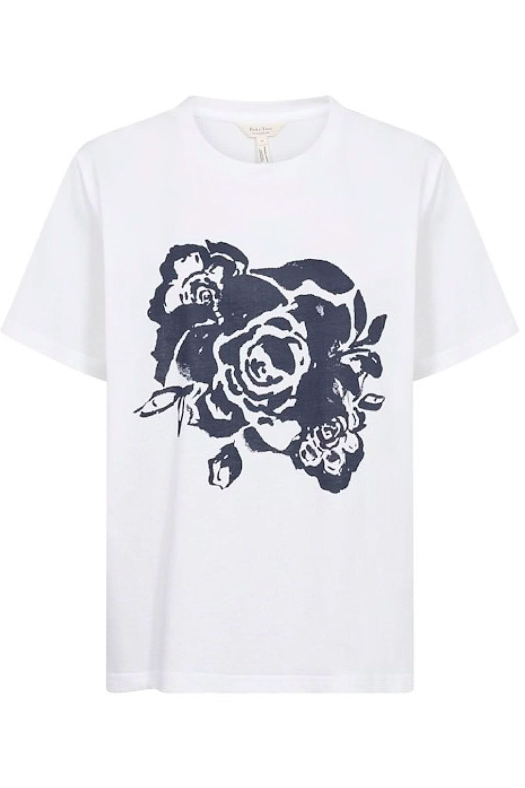 T-shirt blanc en coton biologique avec imprimé floral audacieux, coupe régulière et col rond classique.