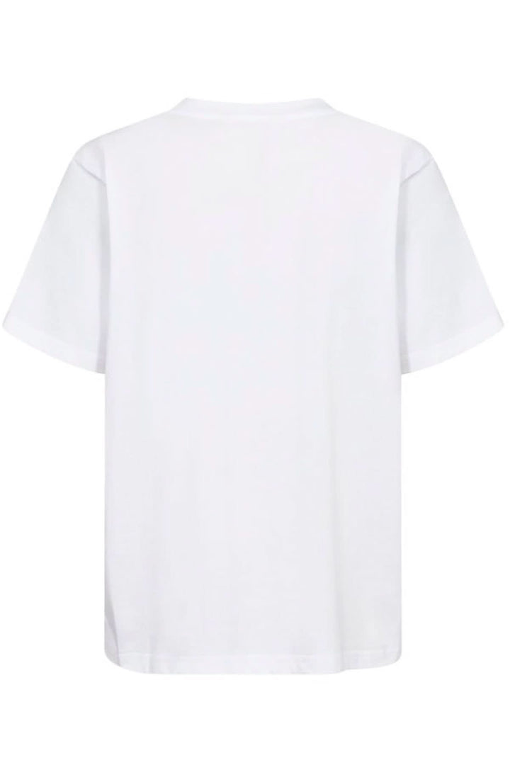 T-shirt blanc en coton biologique, coupe régulière et dos simple, idéal pour un style décontracté.