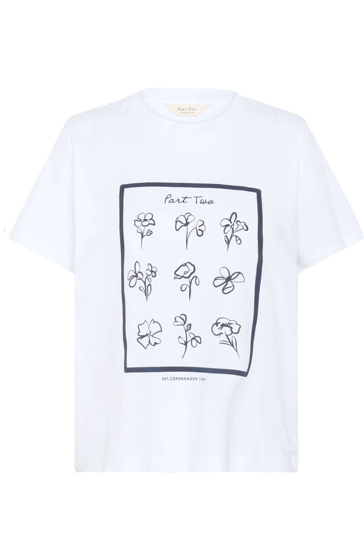 T-shirt en coton biologique blanc avec imprimé floral noir, coupe confortable et design épuré.