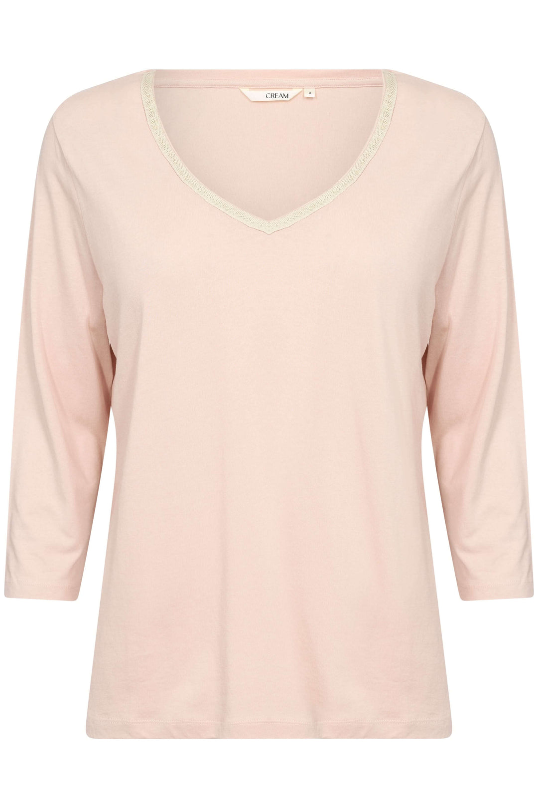 T-shirt Naia en coton doux, col en V avec ruban scintillant, manches trois-quarts, couleur rose pale.