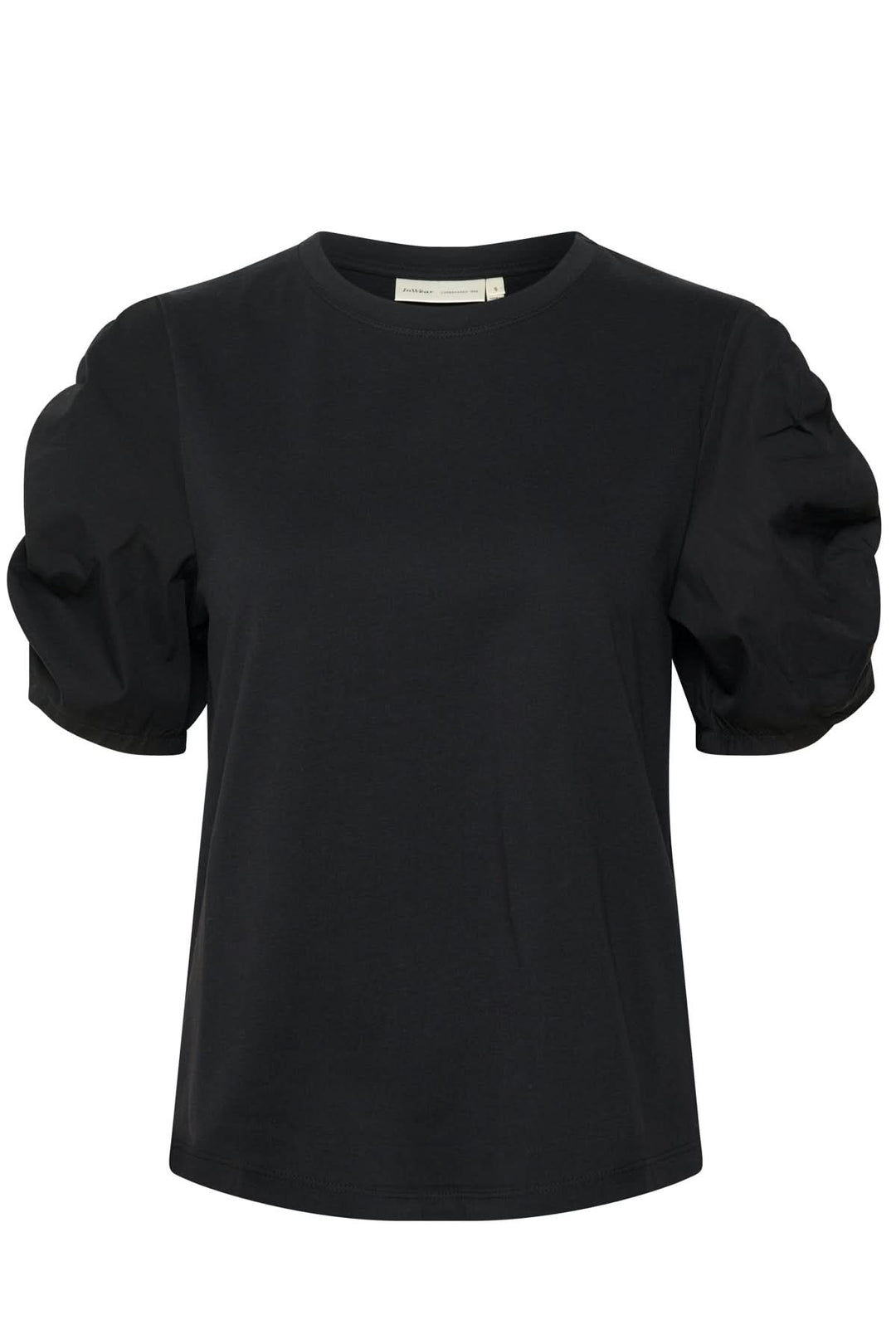 T-shirt Payana noir avec manches bouffantes et col rond, en coton doux et extensible, coupe droite.