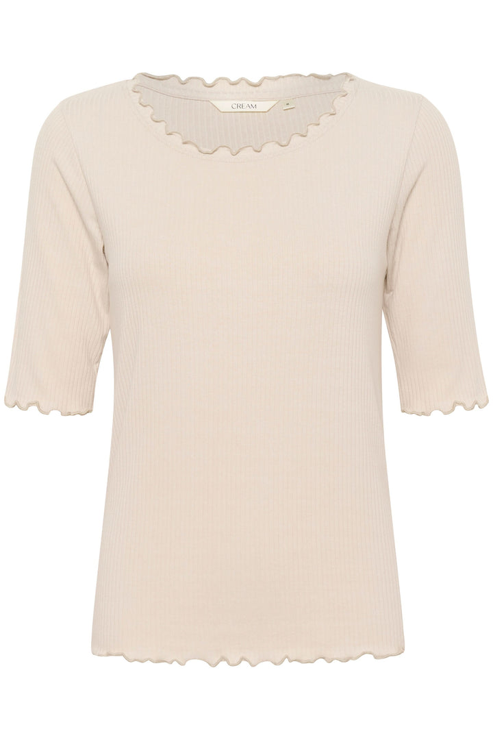 T-shirt Ribba ajusté en jersey côtelé, encolure ronde festonnée, manches courtes, couleur crème.