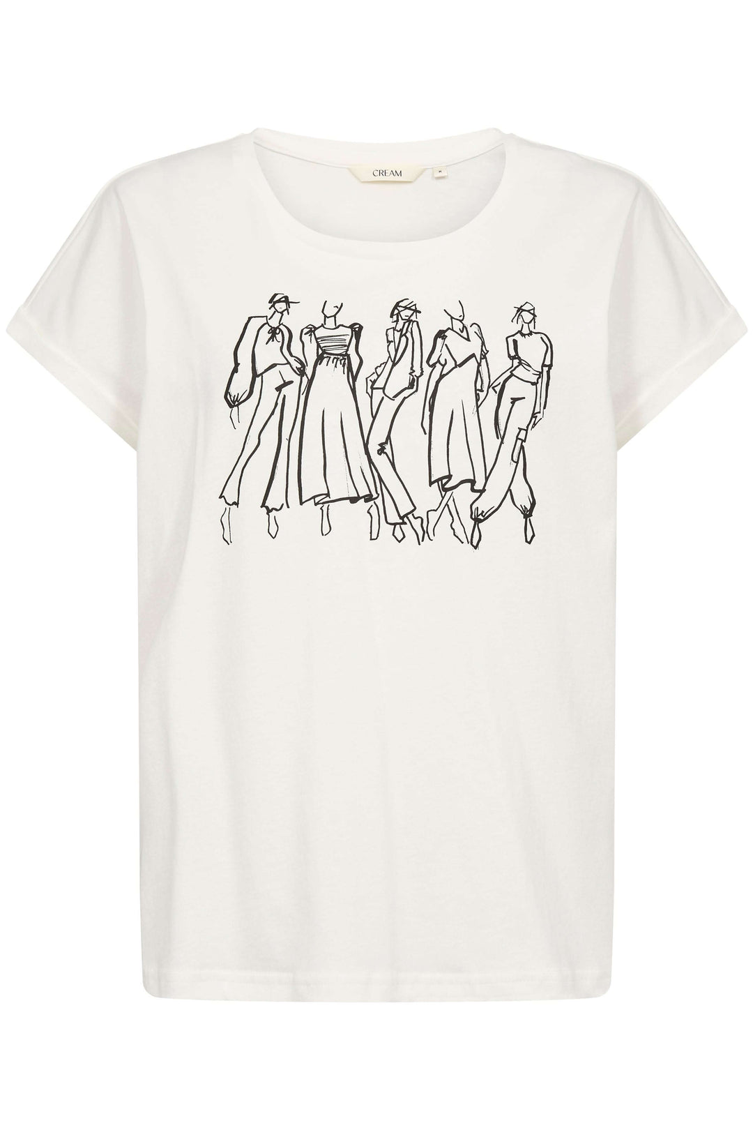 T-shirt Rigga blanc avec imprimé graphique de silhouettes féminines sur le devant, manches courtes et col arrondi.