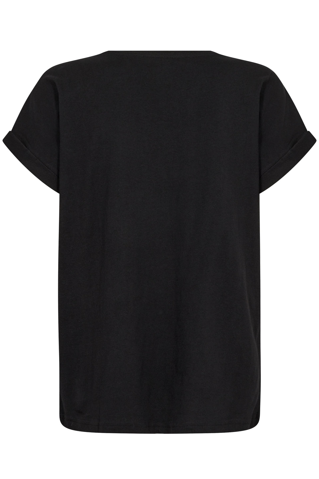 T-shirt Rigga noir en coton, coupe ample, manches courtes retroussées, vue arrière.