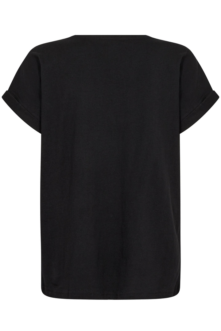 T-shirt Rigga noir en coton, coupe ample, manches courtes retroussées, vue arrière.