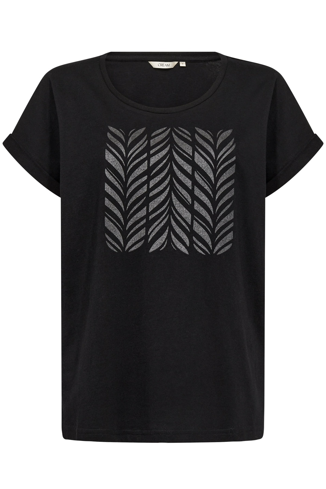 T-shirt noir en coton avec imprimé graphique feuillage, coupe ample et manches courtes retroussées.