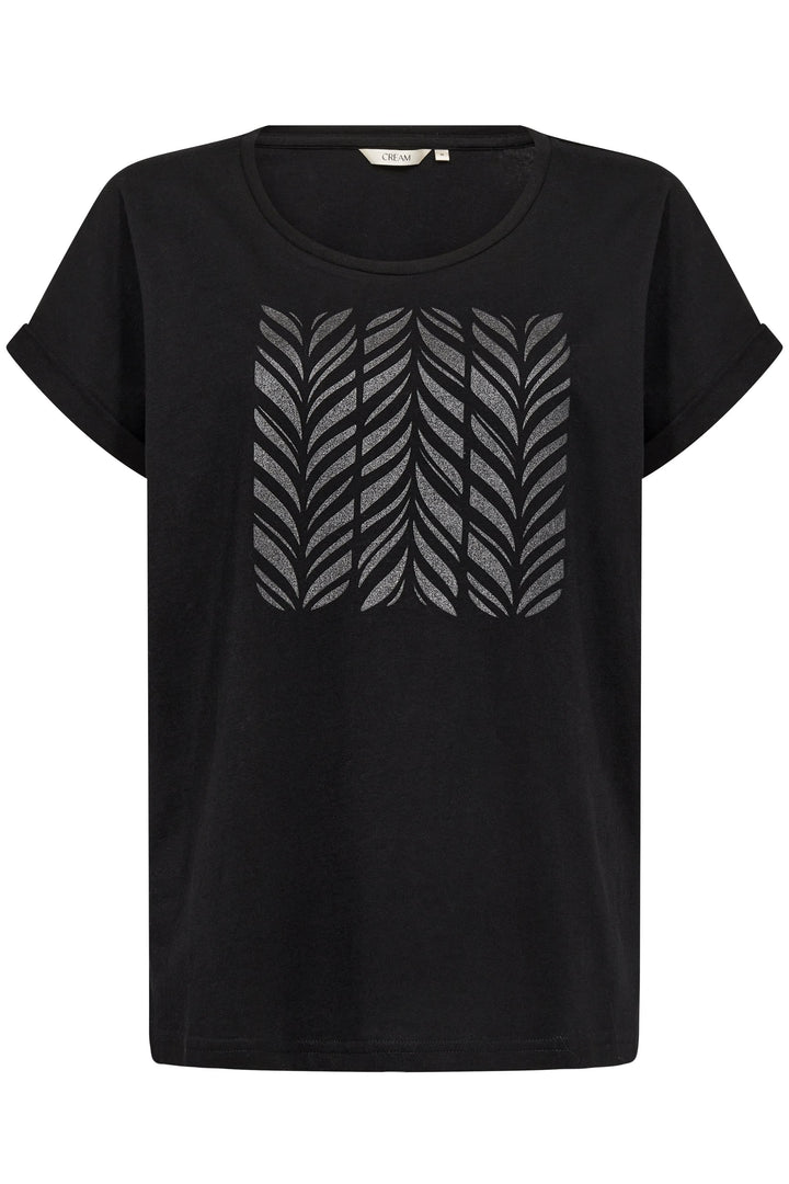T-shirt noir en coton avec imprimé graphique feuillage, coupe ample et manches courtes retroussées.