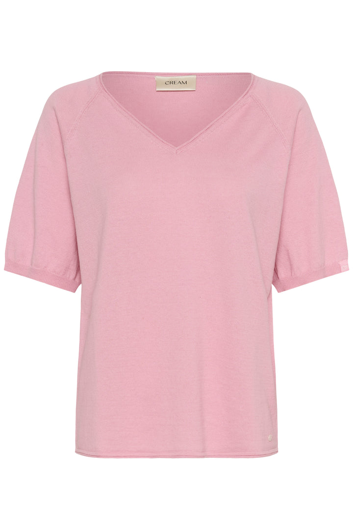 T-shirt Romane rose avec encolure en V et manches amples, design décontracté pour une tenue quotidienne simple et confortable.