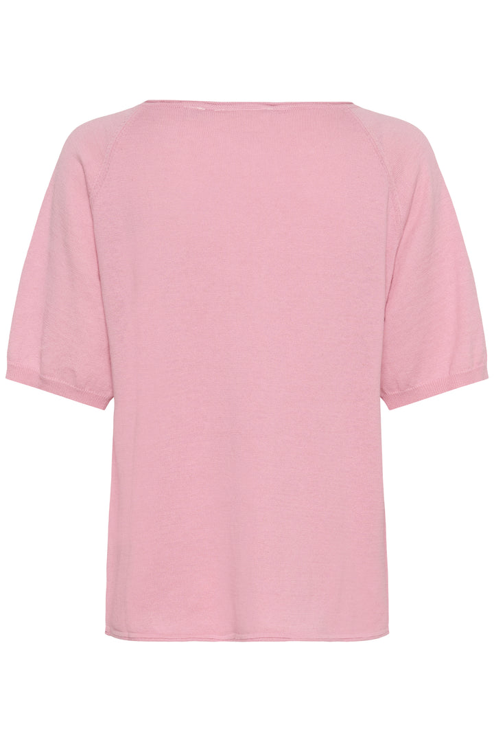 Vue arrière du T-shirt Romane rose, coupe décontractée avec manches courtes amples pour un confort quotidien.