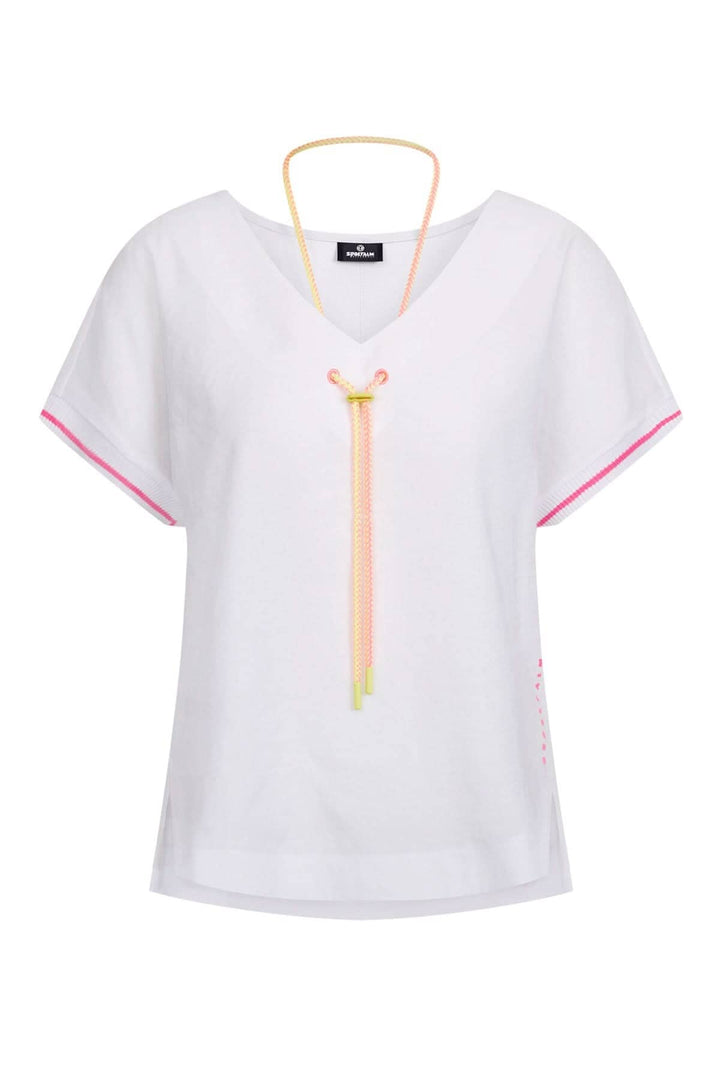 T-shirt Toneli blanc avec encolure V et cordon coloré, manches courtes, style chic pour l&