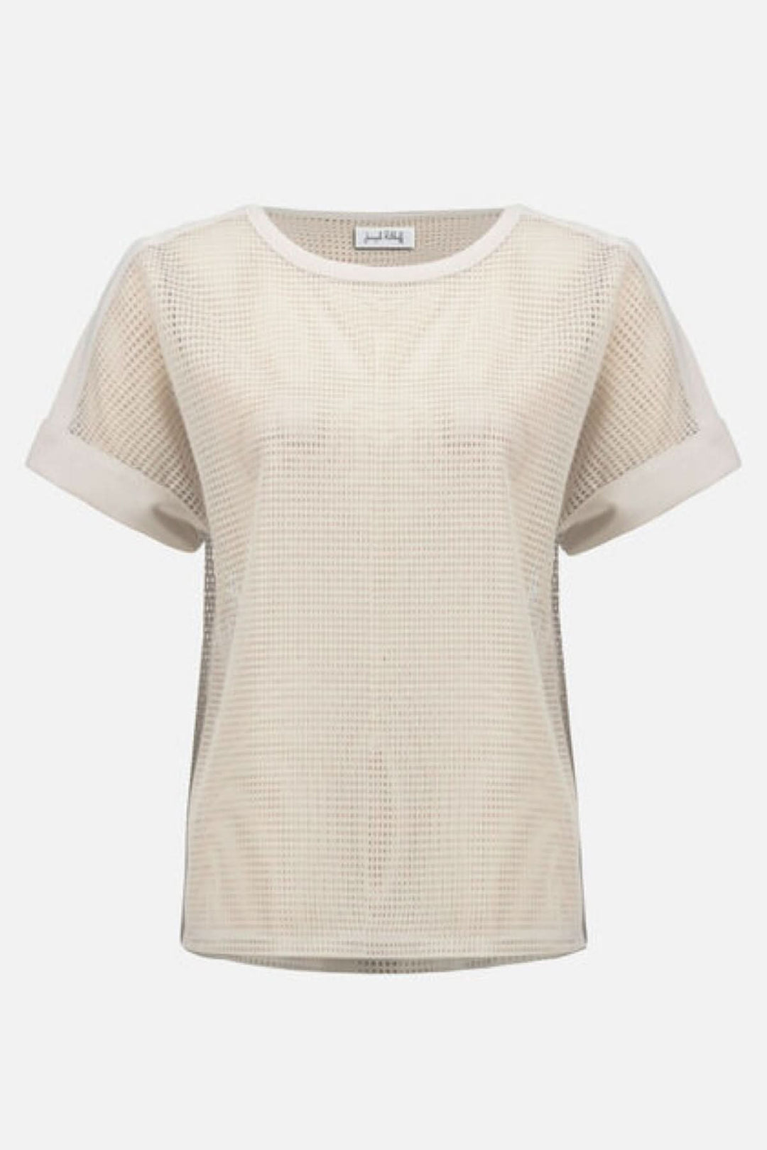 T-shirt ajouré fluide en maille légère avec manches courtes à revers et encolure ronde, idéal pour une tenue moderne et décontractée.