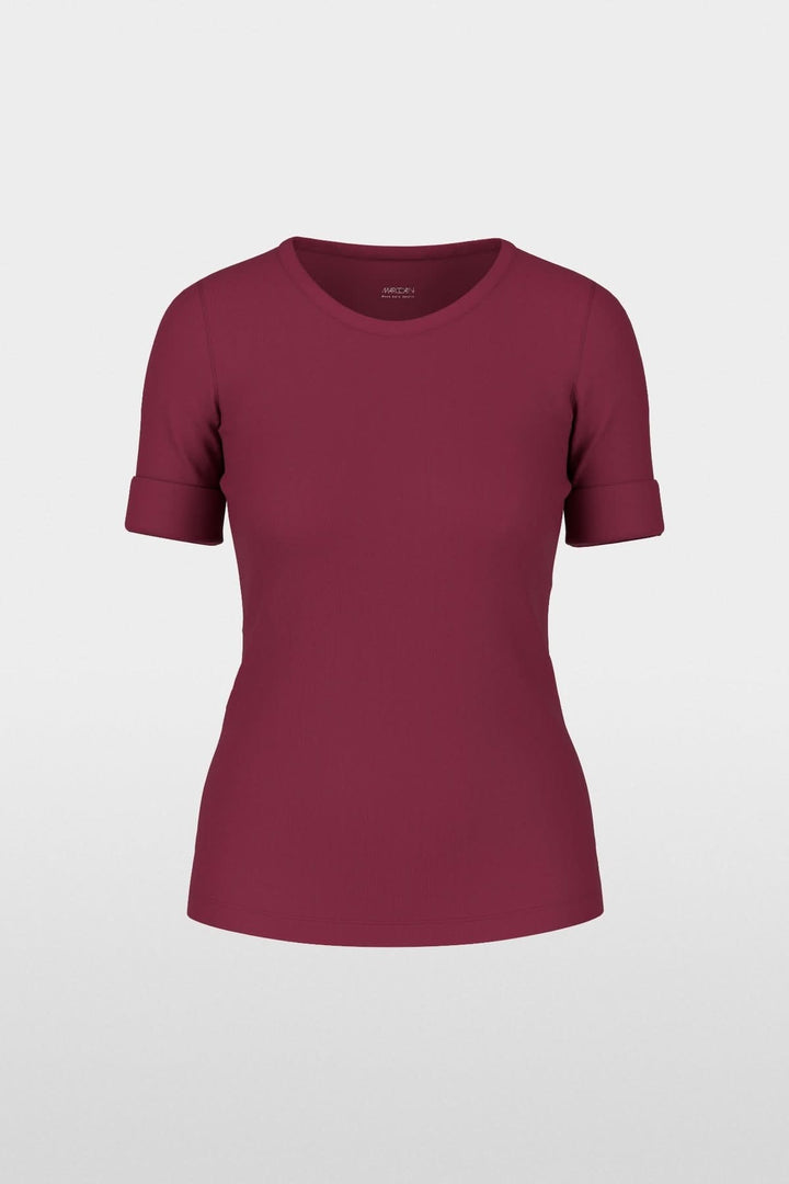 T-shirt ajusté en coton stretch bordeaux, manches mi-longues retroussées, style décontracté, encolure ronde, jersey côtelé.
